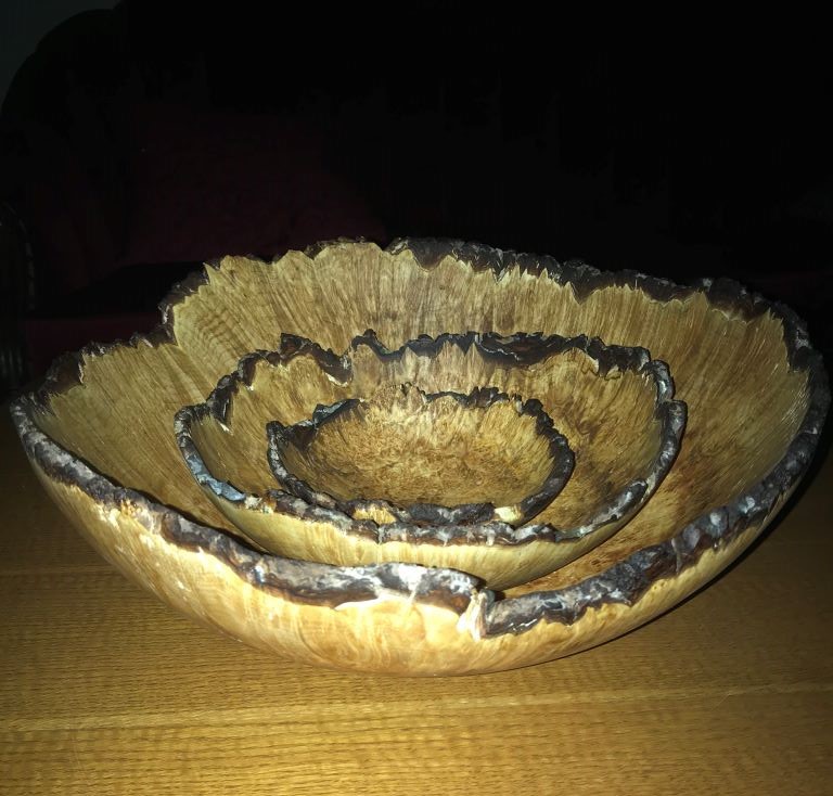 Nested 15″, 11″ and 9″ Live Edge Maple Burl Bowls