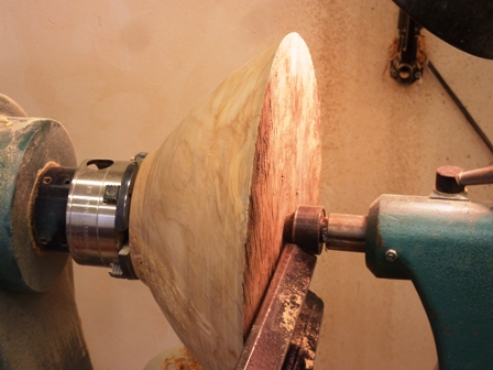 Bottom of the bowl attached to a chuck